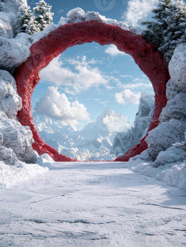 Snowy winter landscape with red arch photo