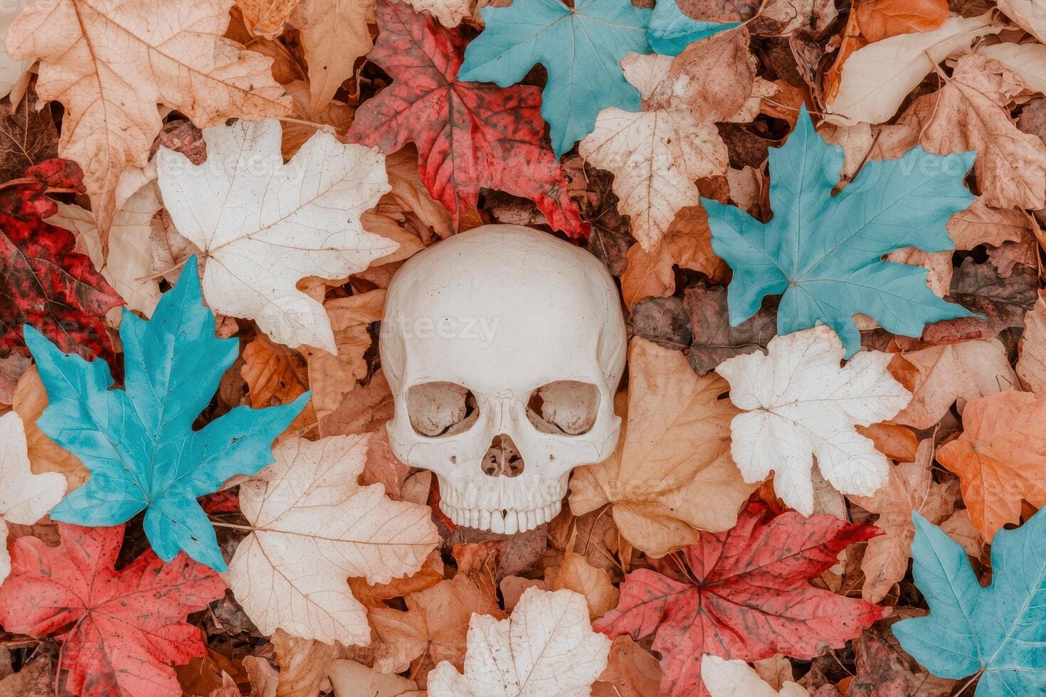 Autumn leaves with a skull photo