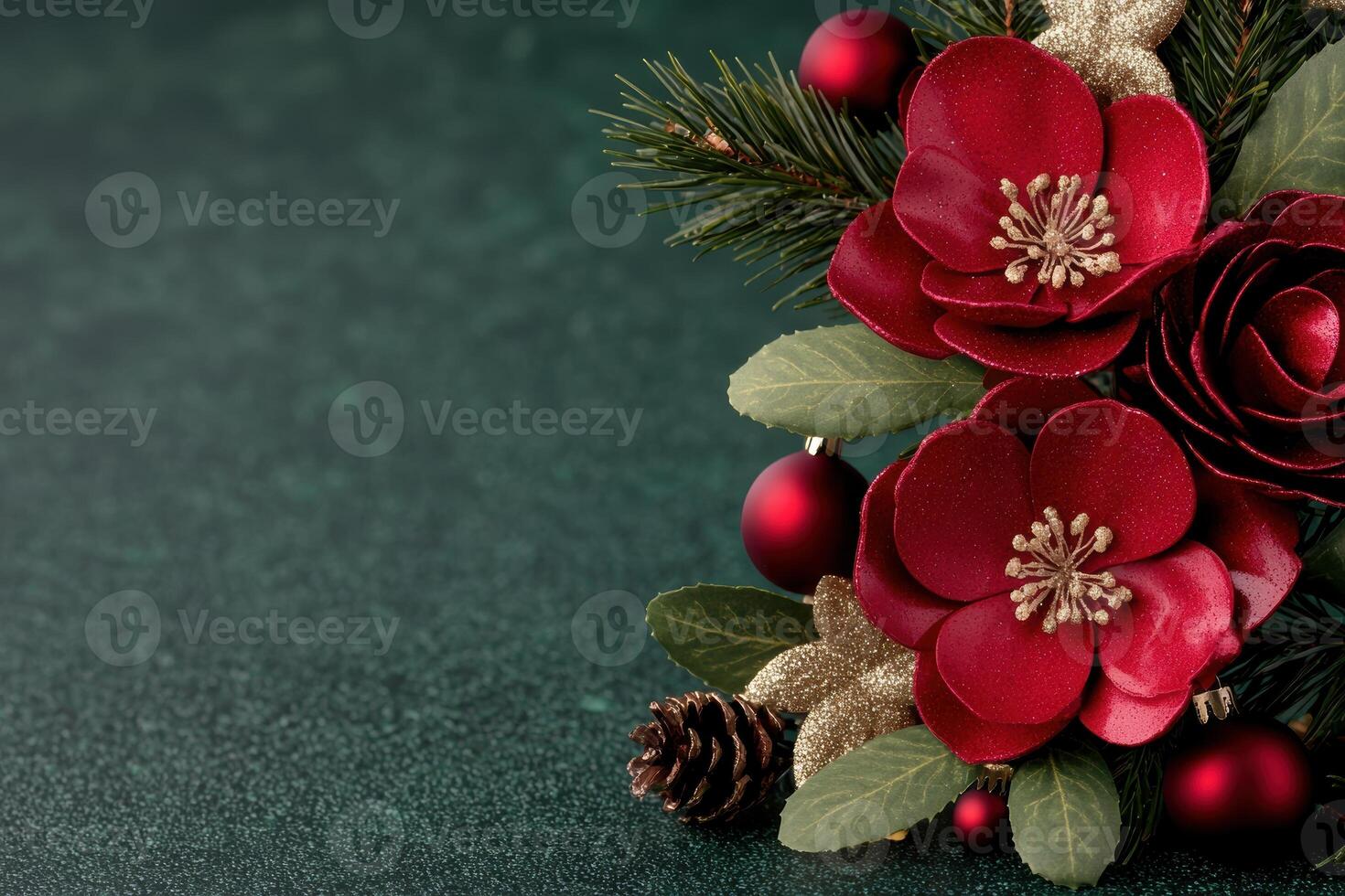 festive christmas floral arrangement with red flowers and pine branches photo