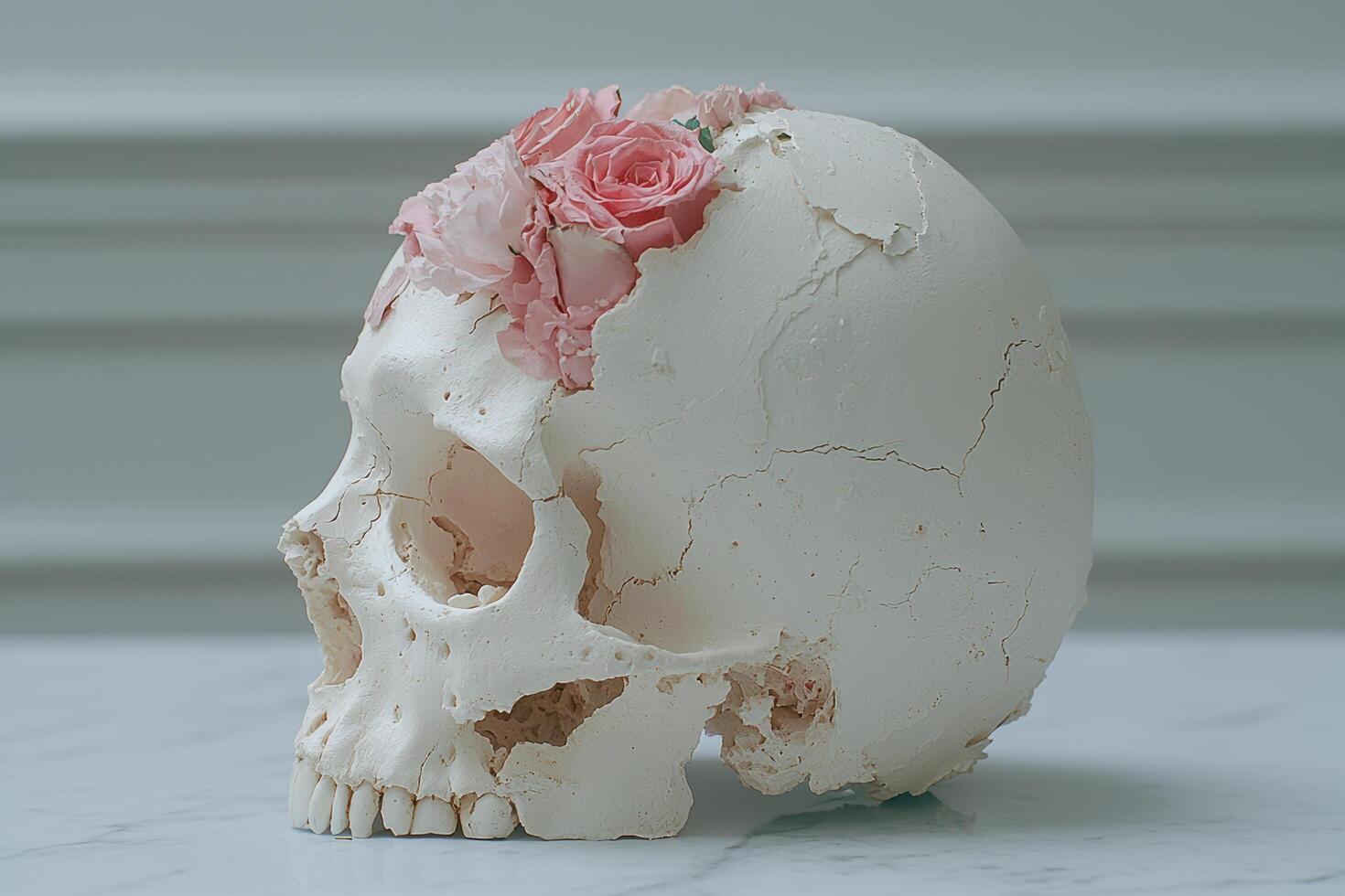 Cracked skull with pink rose photo