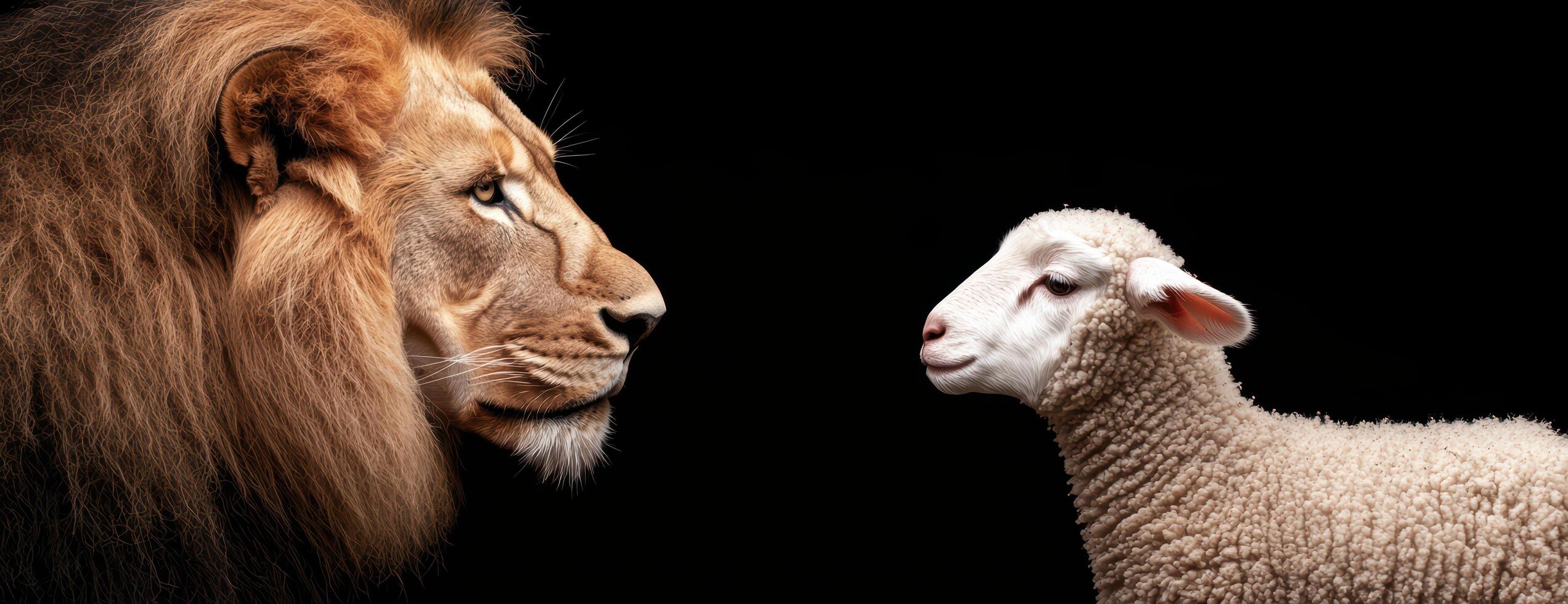 powerful lion and innocent lamb facing each other photo