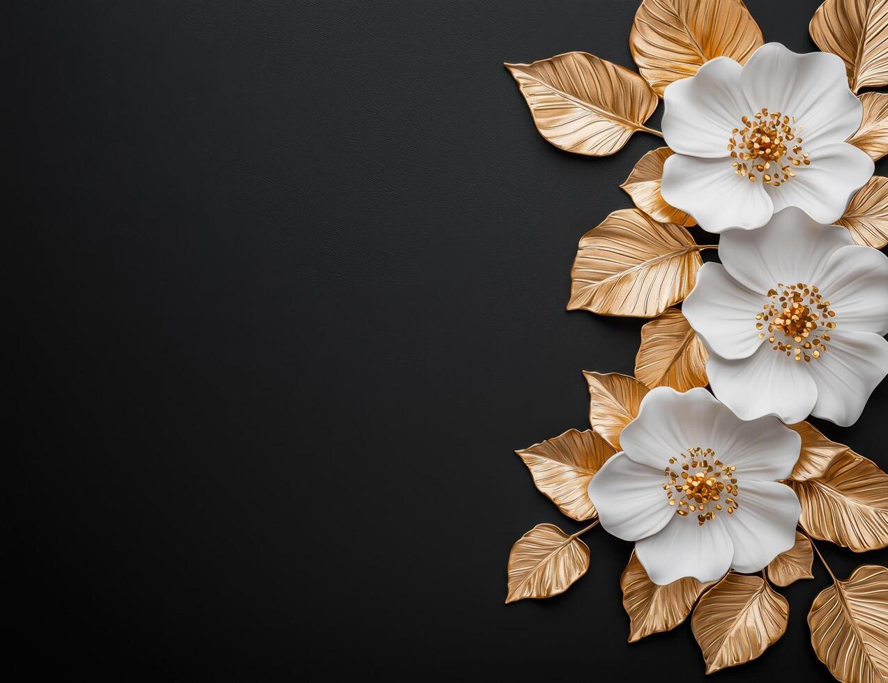 elegant white and gold floral design on black background photo