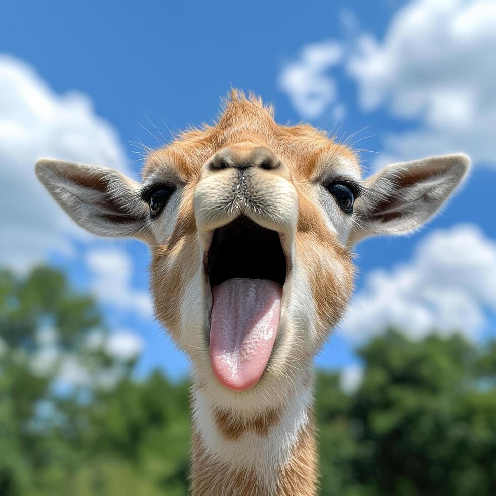 Funny close up of a smiling camel against a blue sky photo