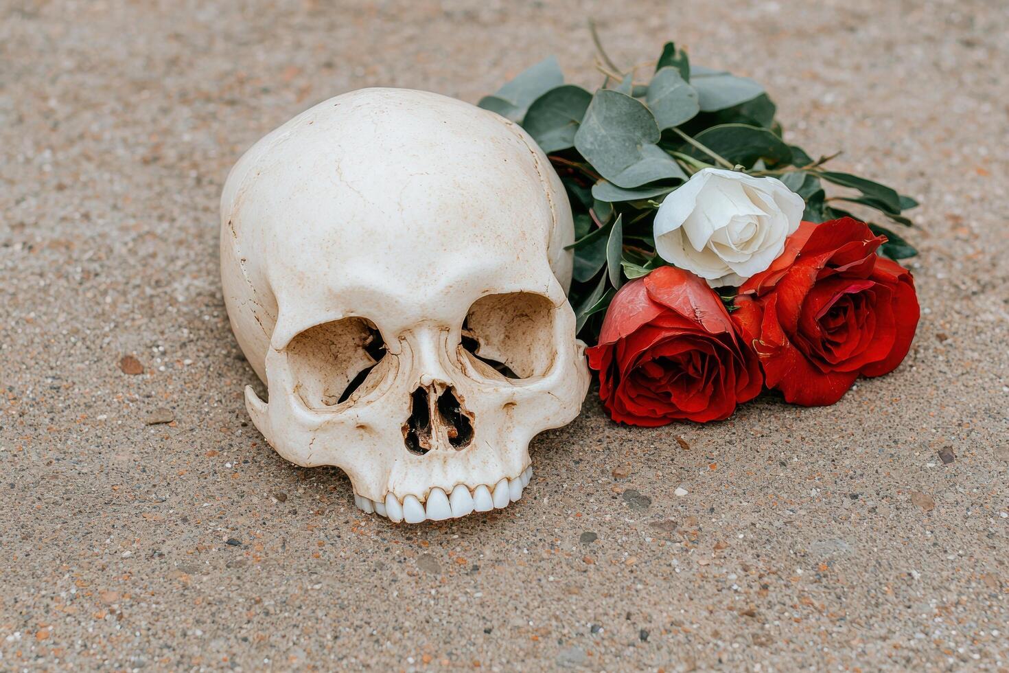 Skull and roses on gravel photo