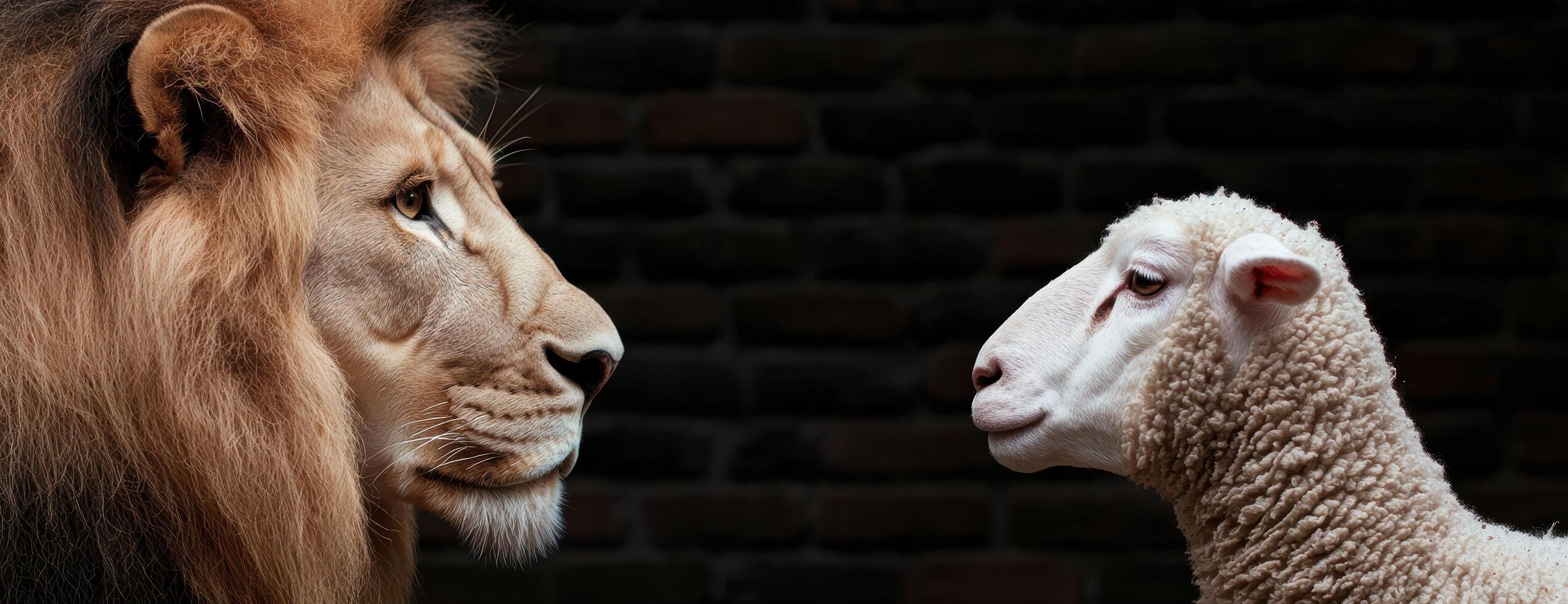 Powerful lion and innocent lamb facing each other photo