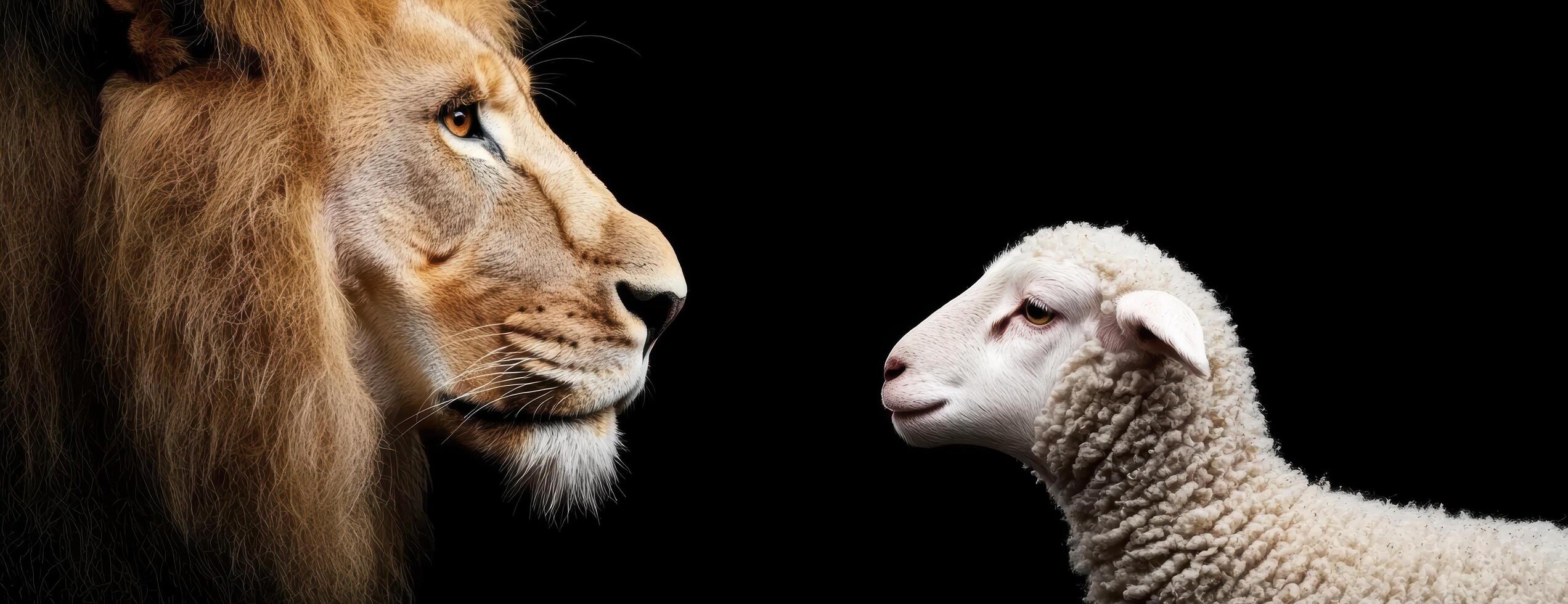 powerful lion and innocent lamb face to face photo
