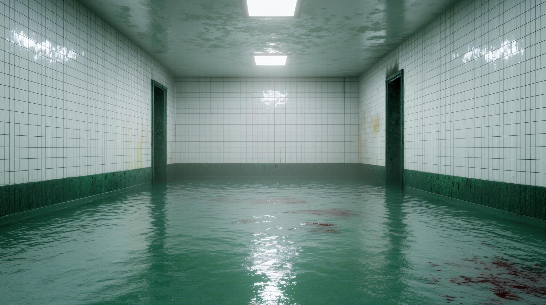 Flooded abandoned room with tiled walls and ceiling photo