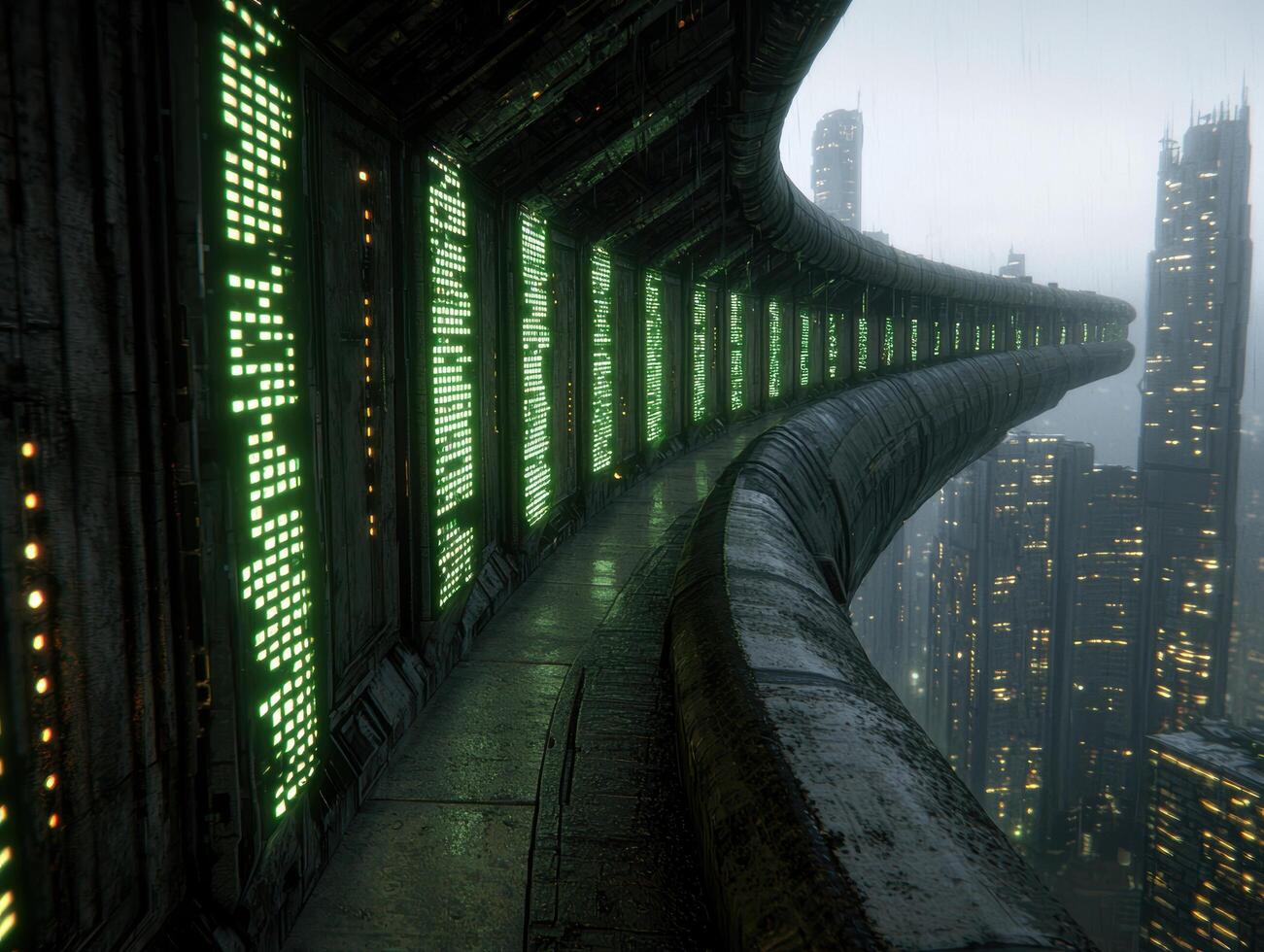 Futuristic city skyline with glowing data tunnel photo