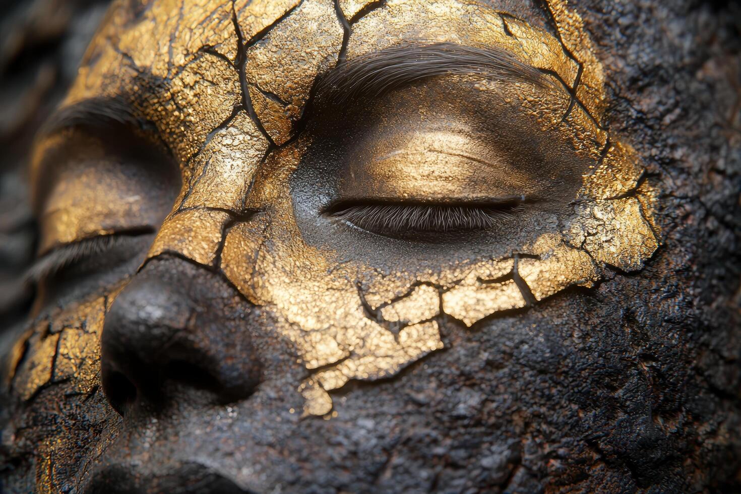 close up of a cracked golden surface with a single eye photo