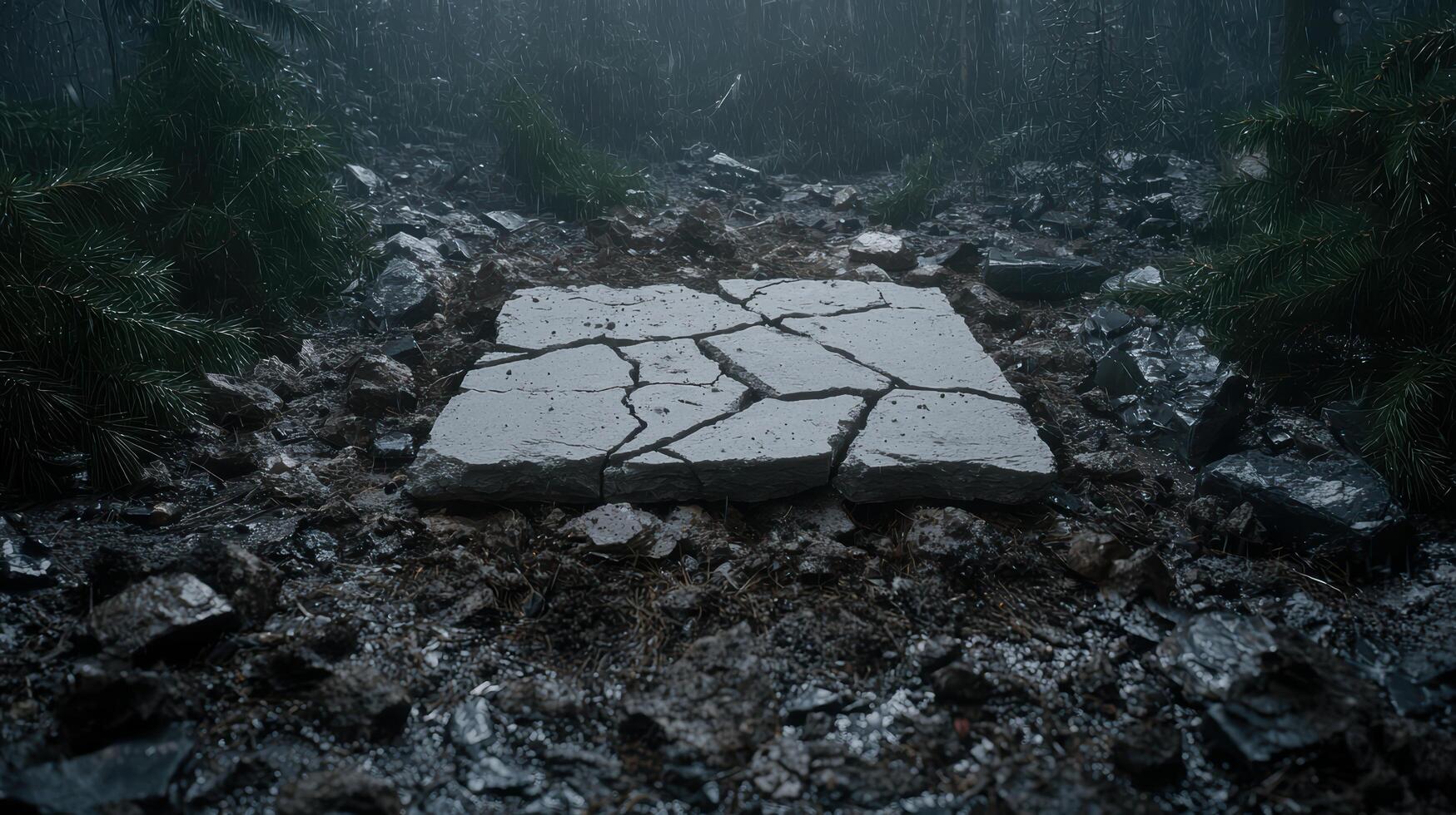 Cracked stone slab in rainy forest photo