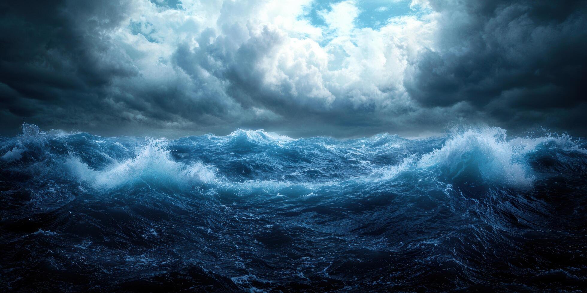 Stormy ocean waves crashing under dark clouds photo