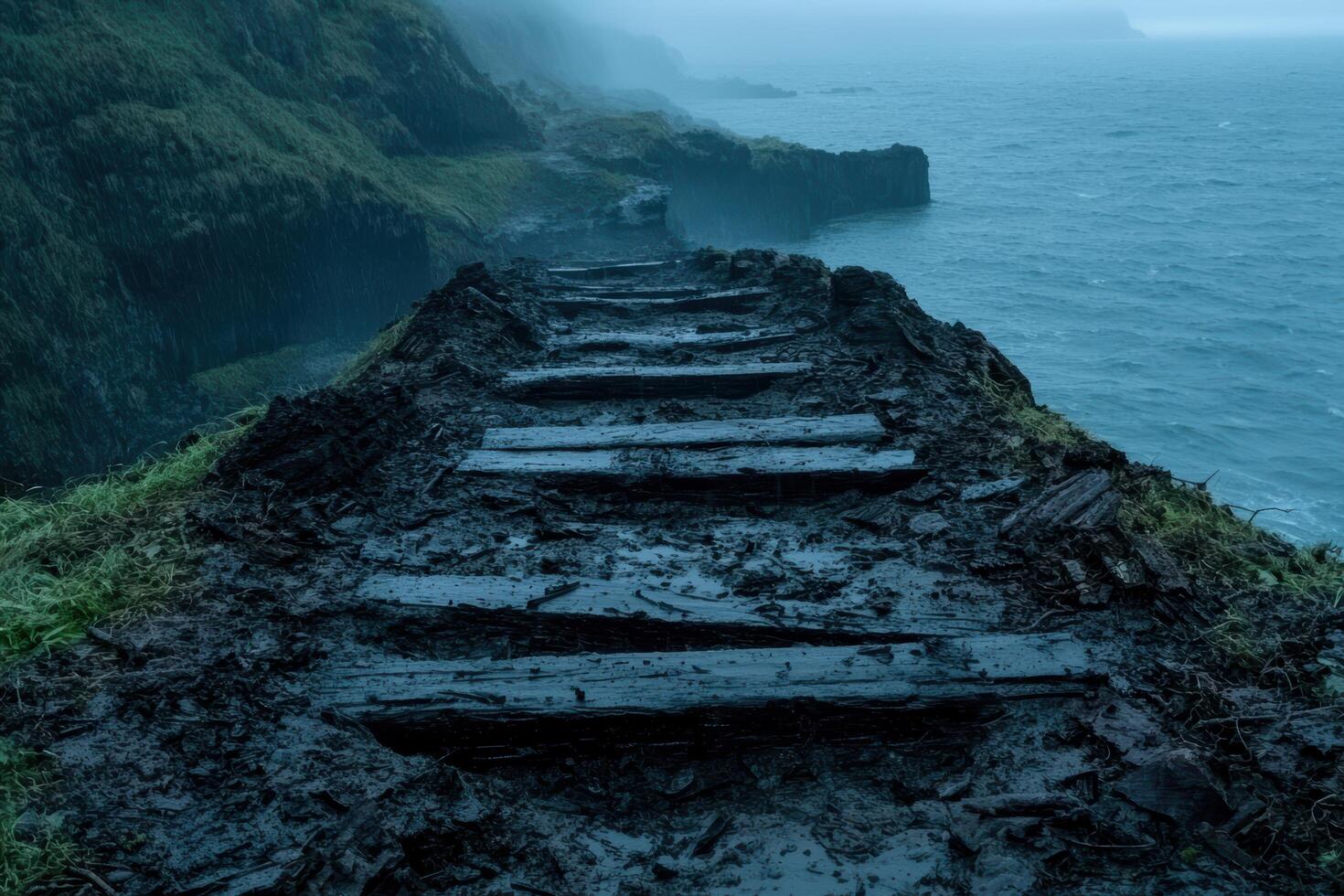 Dramatic rocky coastline with stairs leading down to the ocean photo