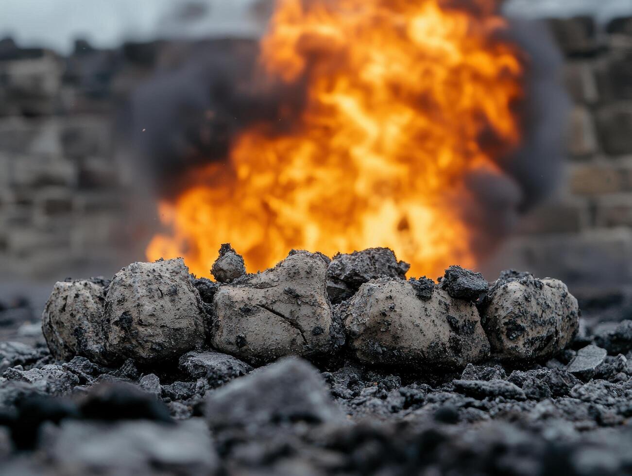 Burning coal in industrial fire photo