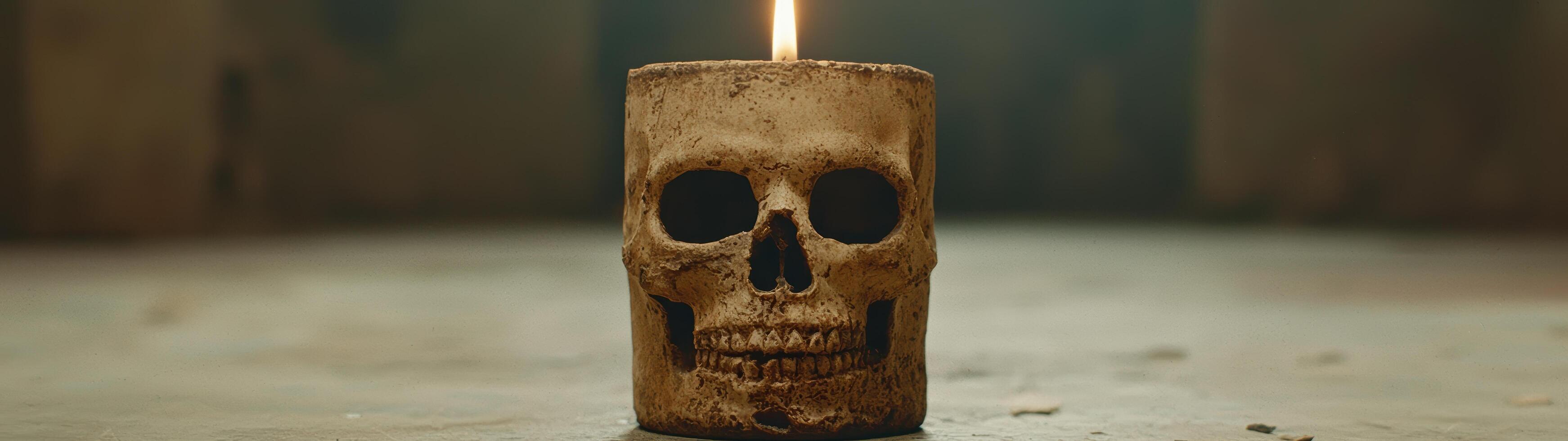 Skull candle burning on dark background photo