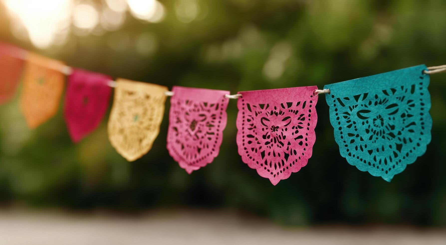 colorful paper flags hanging on a line photo