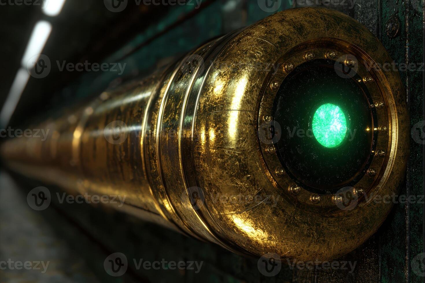 Glowing green light in a vintage brass telescope photo