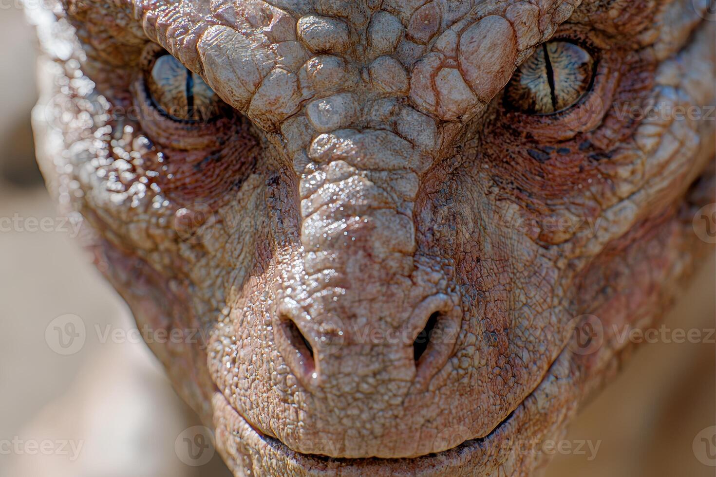 Close up of a reptiles head with intricate scales and piercing eyes photo