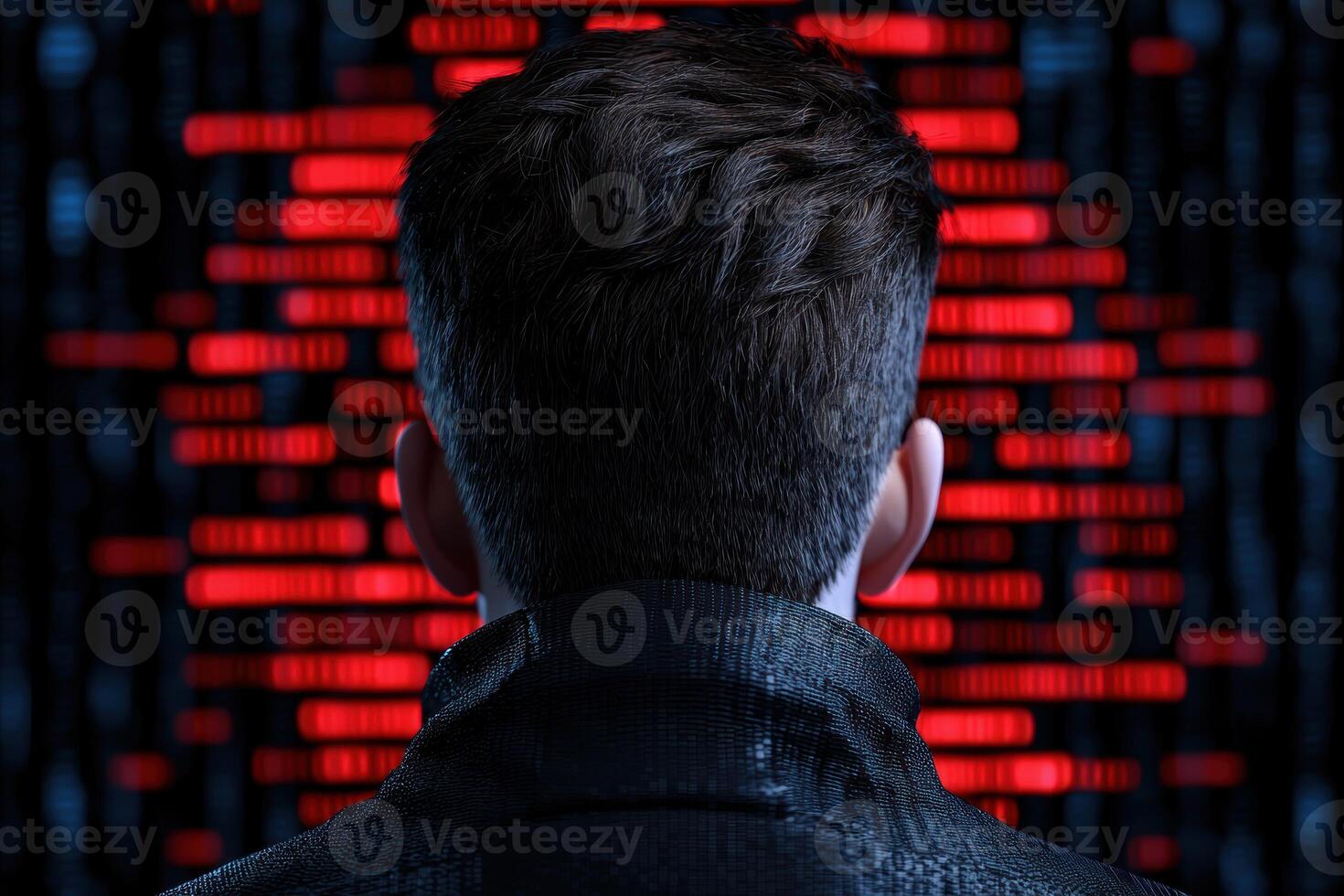 Hacker in dark room with red binary code photo