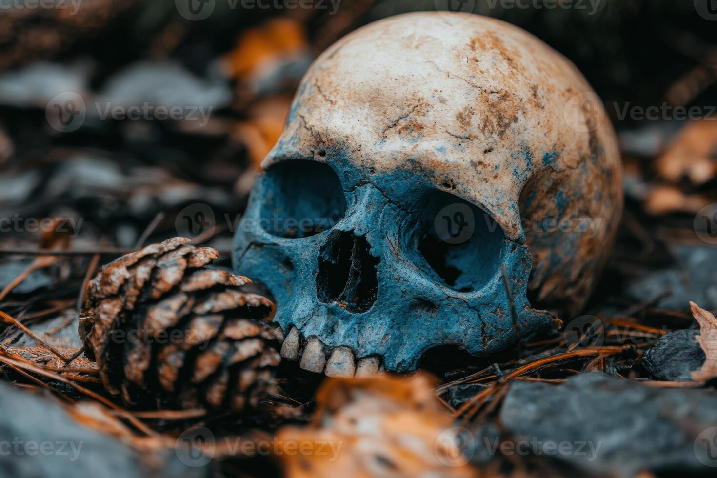 Weathered skull in forest photo