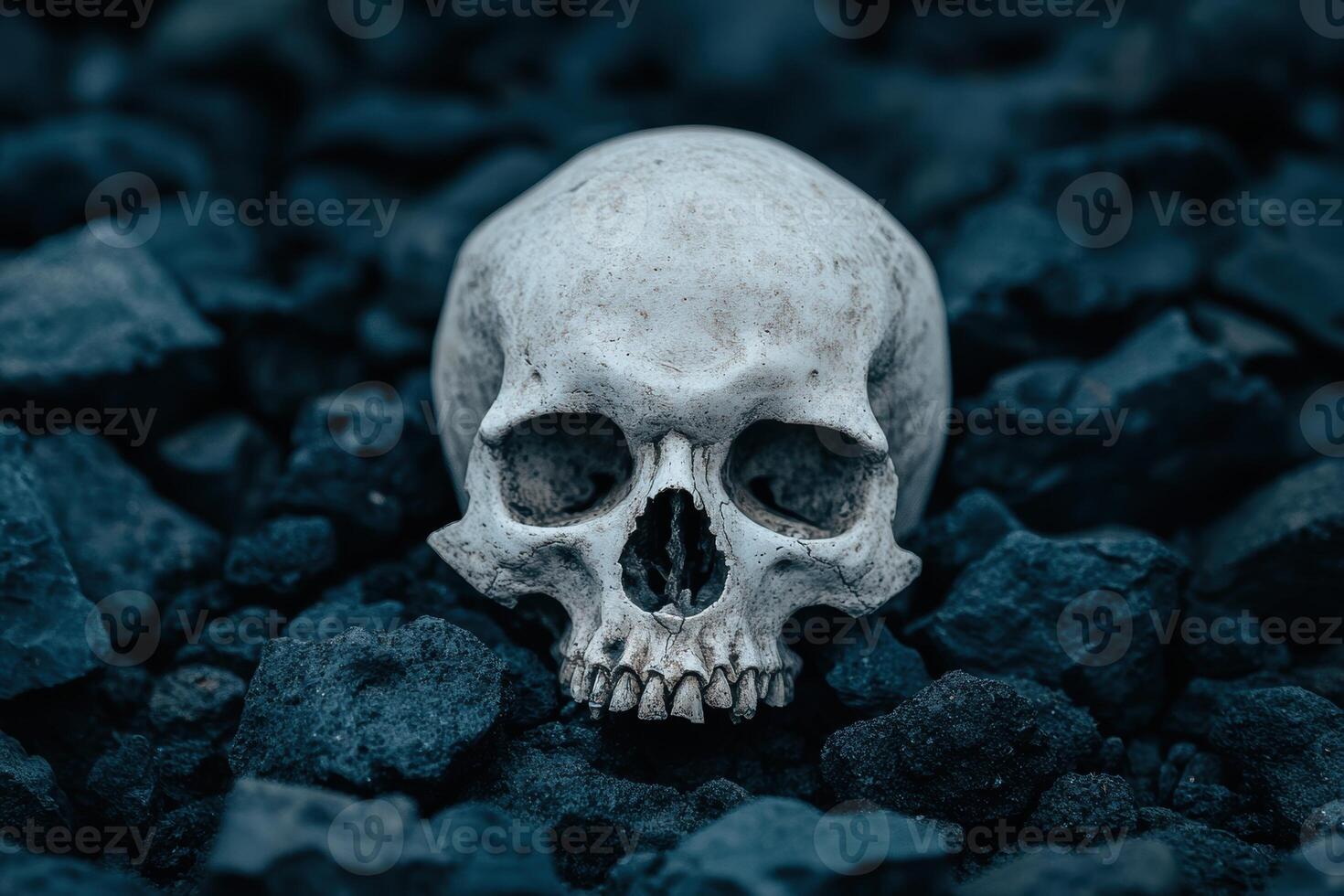 Haunting skull on dark rocks photo