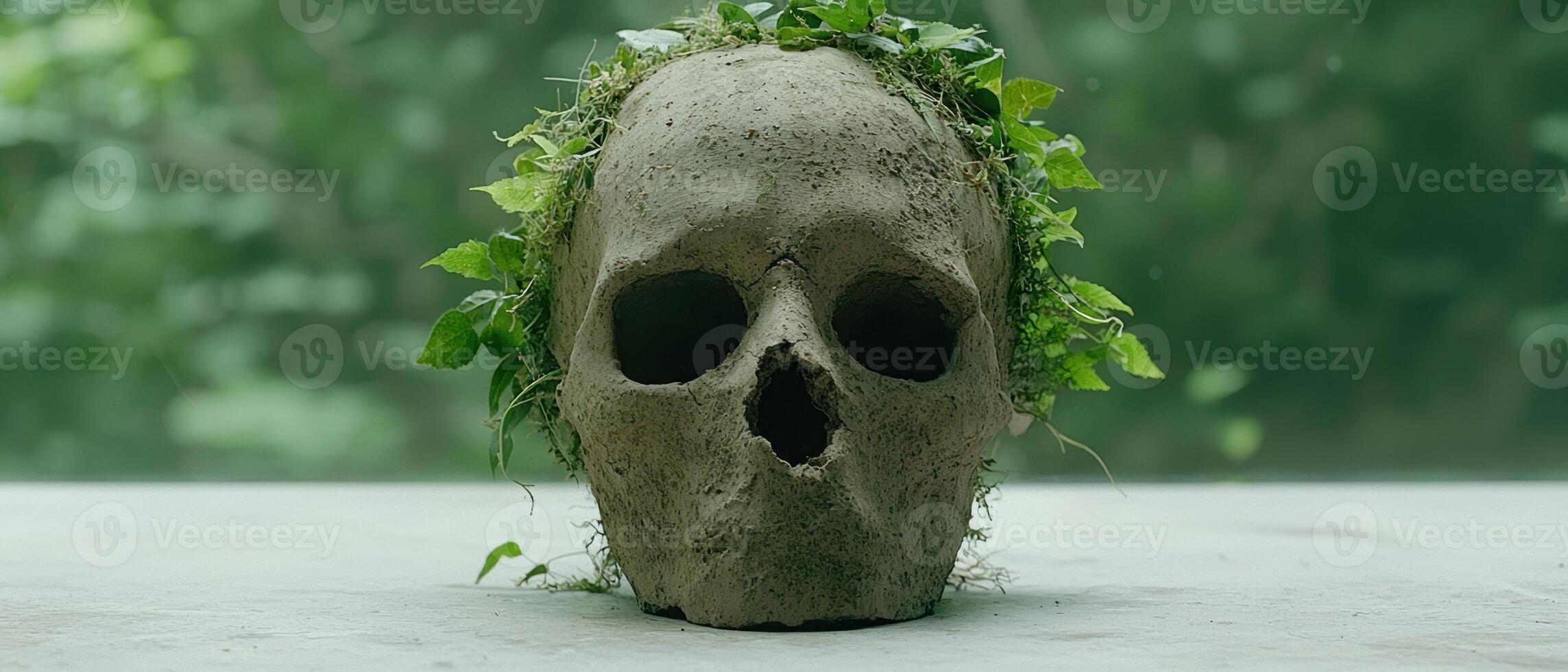 Skull covered in moss and leaves in a forest photo