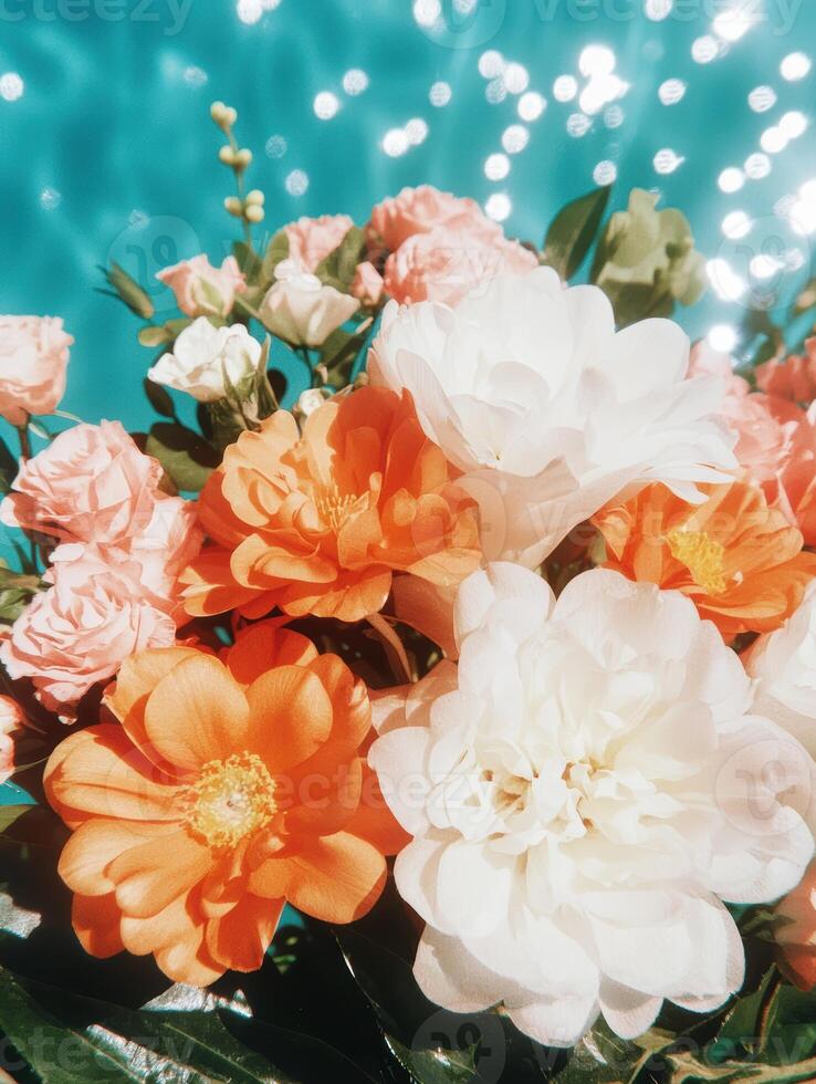 Vibrant floral bouquet with peach and white flowers photo