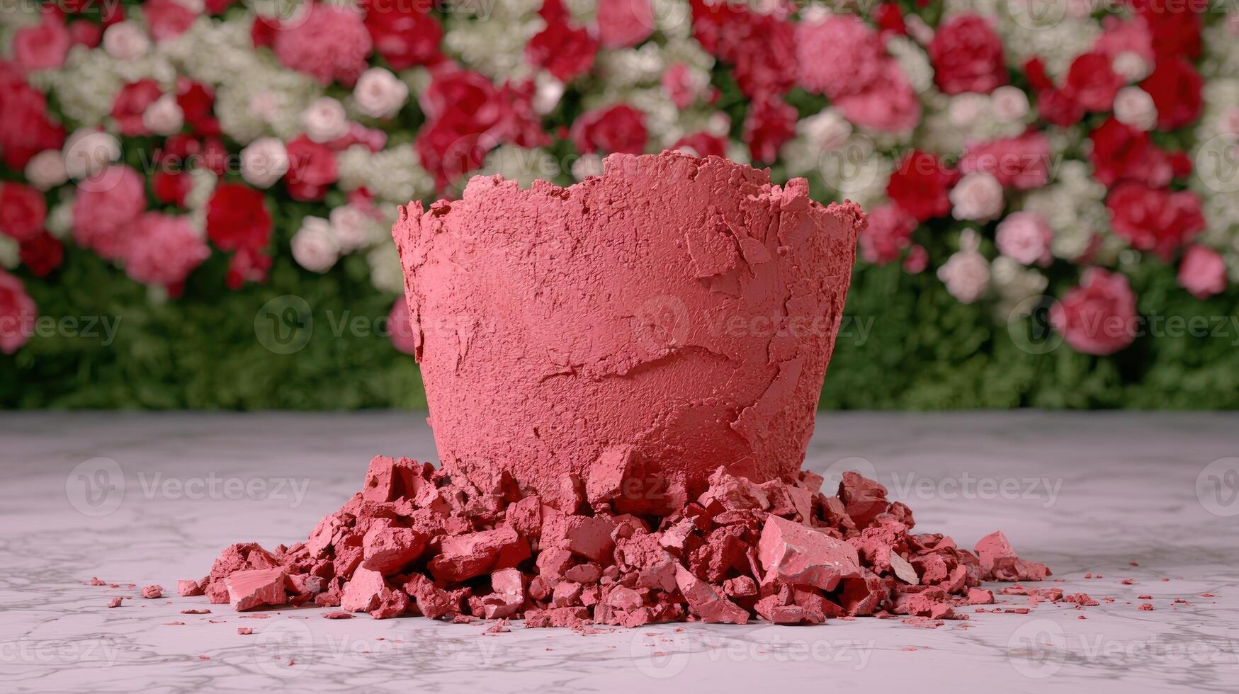 Crushed red makeup powder on wooden table with flowers photo