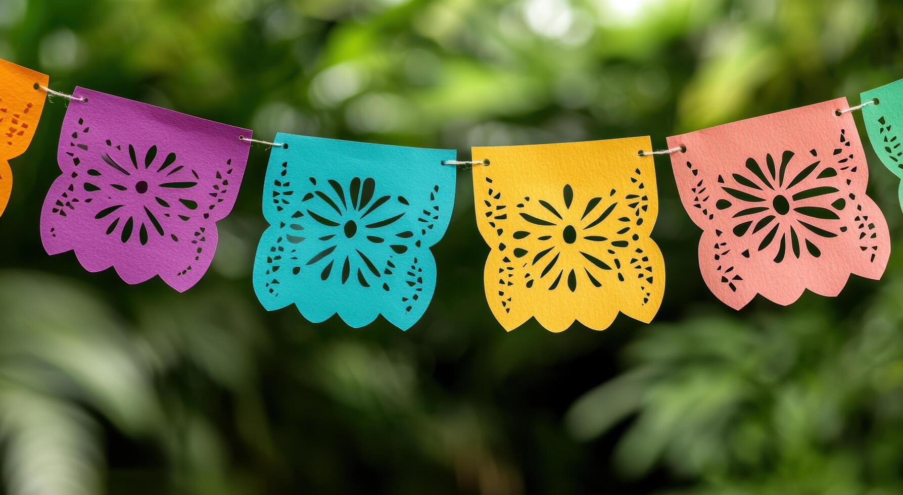 Colorful paper cut out decorations hanging outdoors photo