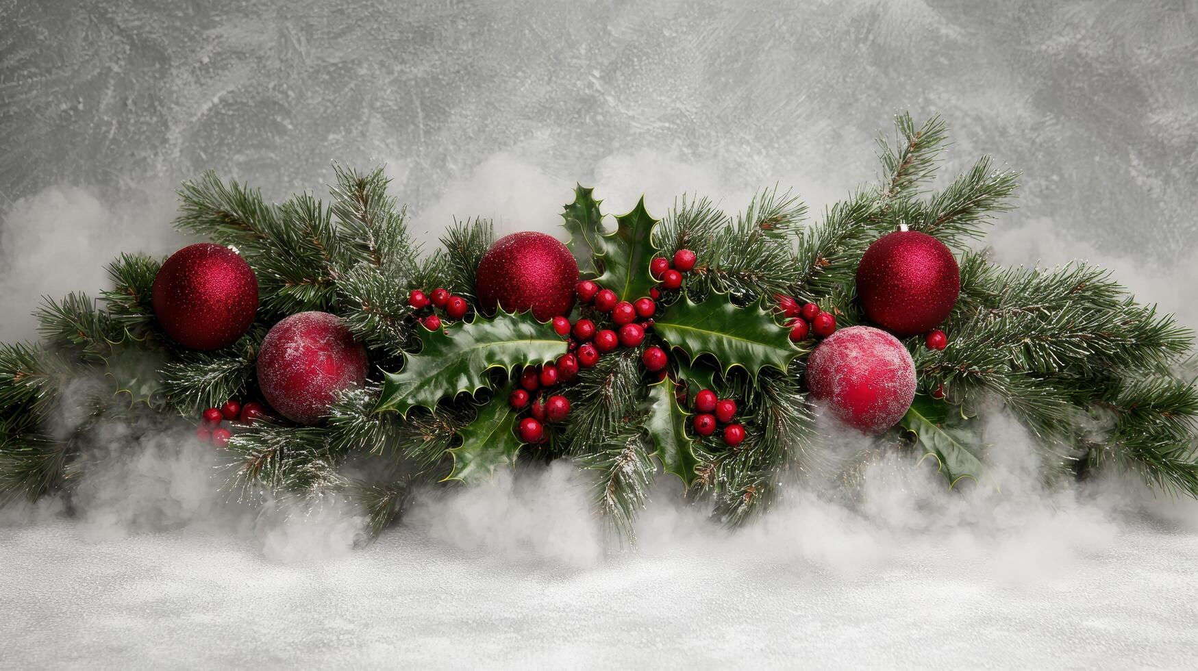 festive christmas decoration with red ornaments and holly photo