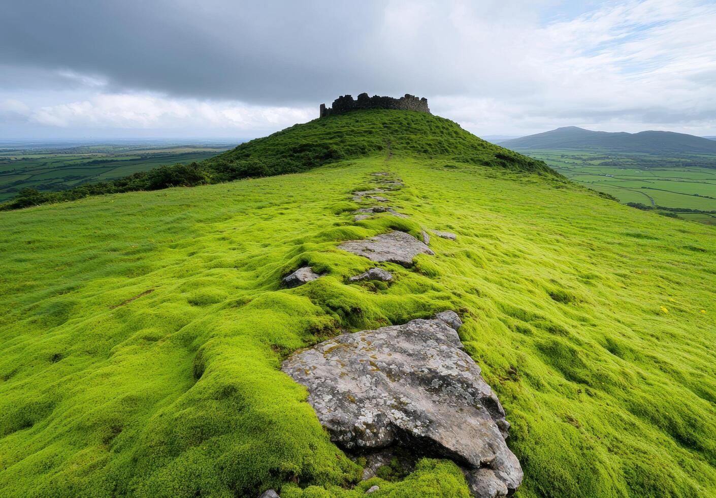 Lush green hill with ancient castle ruins photo