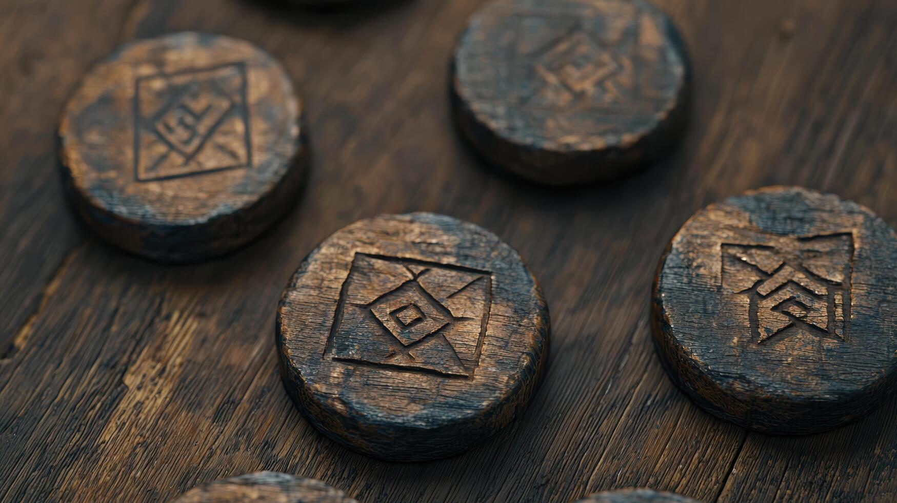 Mysterious wooden runes on rustic table photo