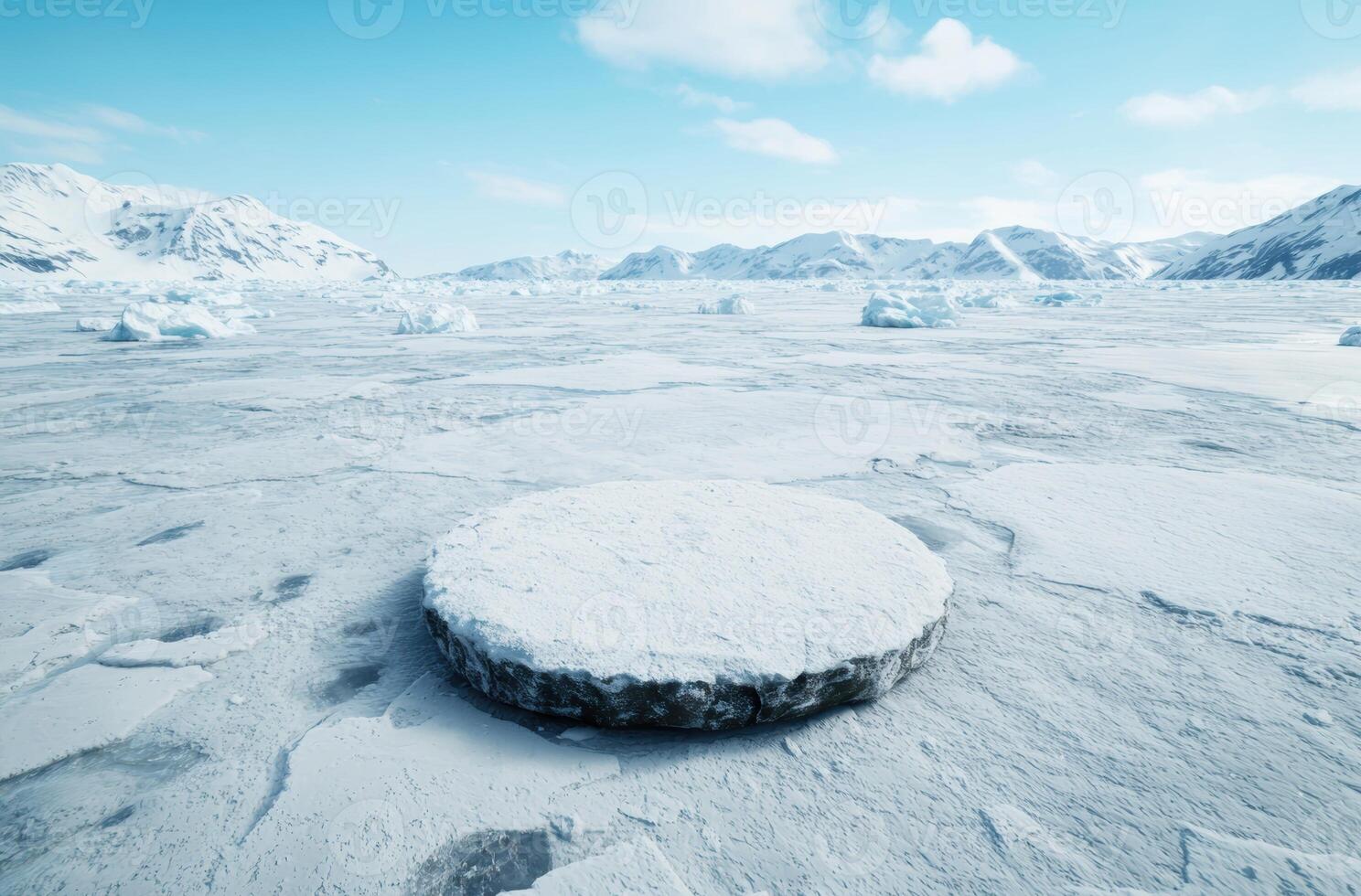 Breathtaking arctic landscape with snow capped mountains and floating icebergs photo