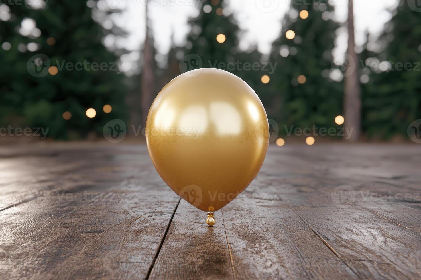 Glowing gold balloon on wooden surface with blurred forest background photo