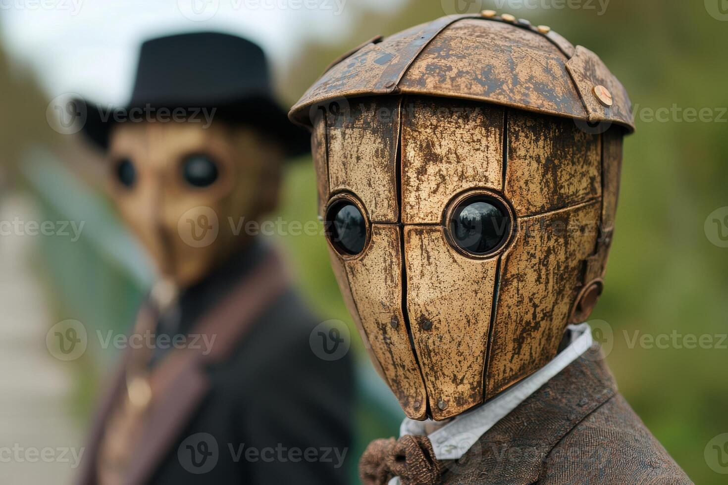 Vintage robot figure with weathered metal body and black hat photo
