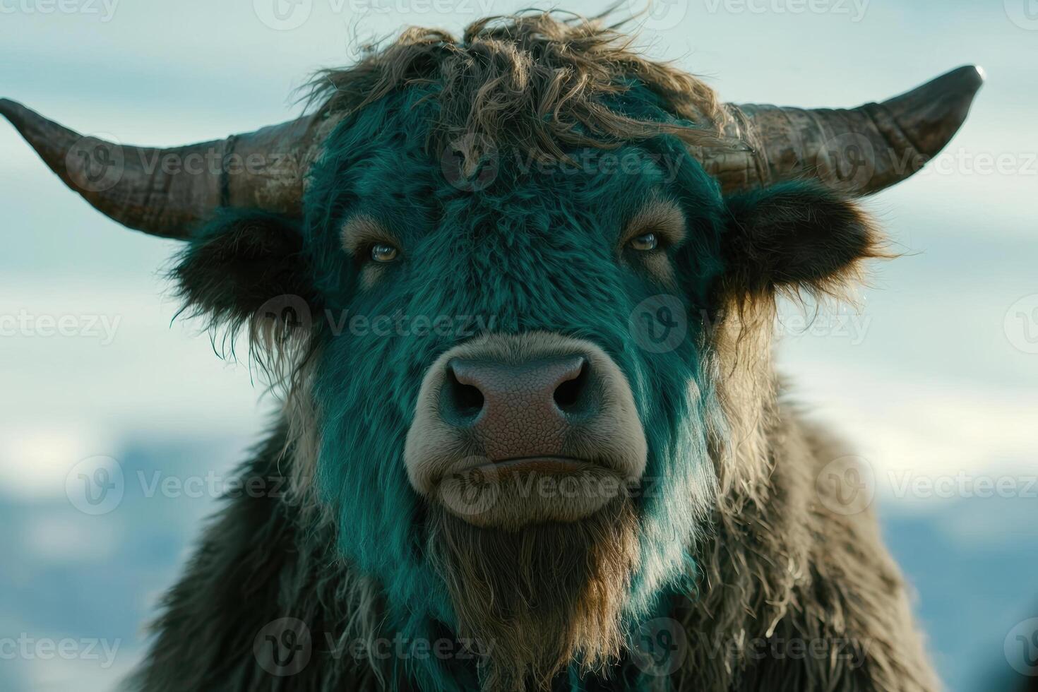 Close up portrait of a shaggy highland cow with striking turquoise fur photo