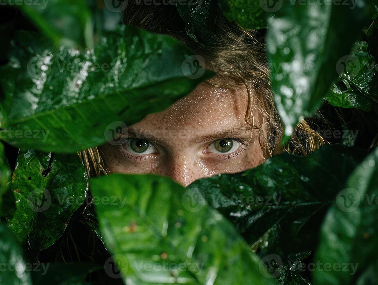 Mysterious eyes peering through lush foliage photo