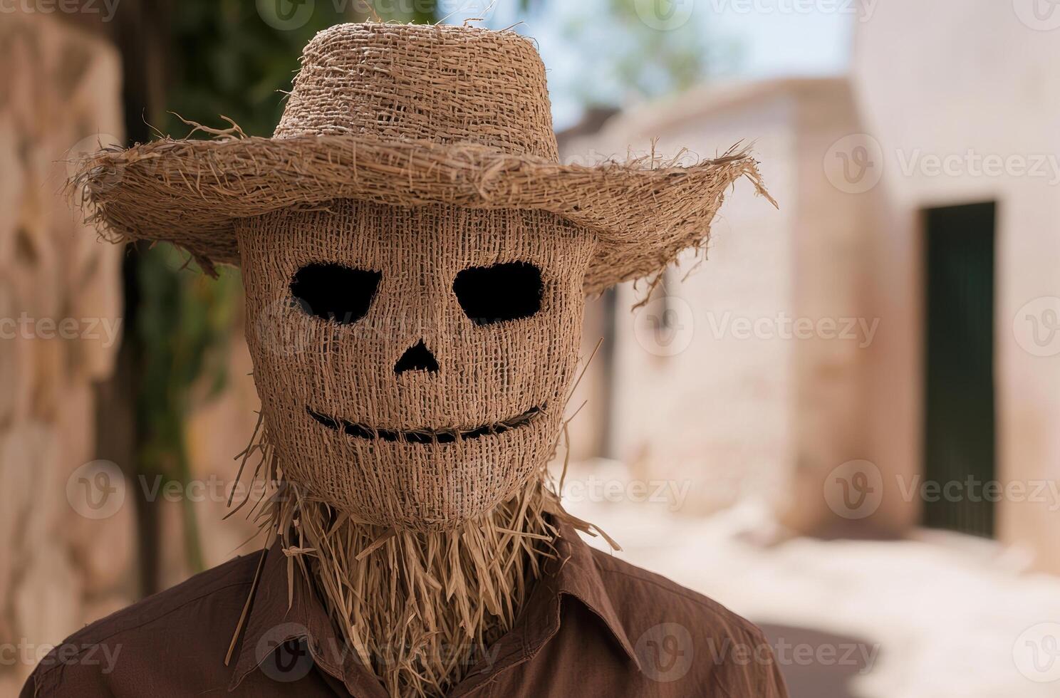 Scarecrow wearing straw hat in field photo