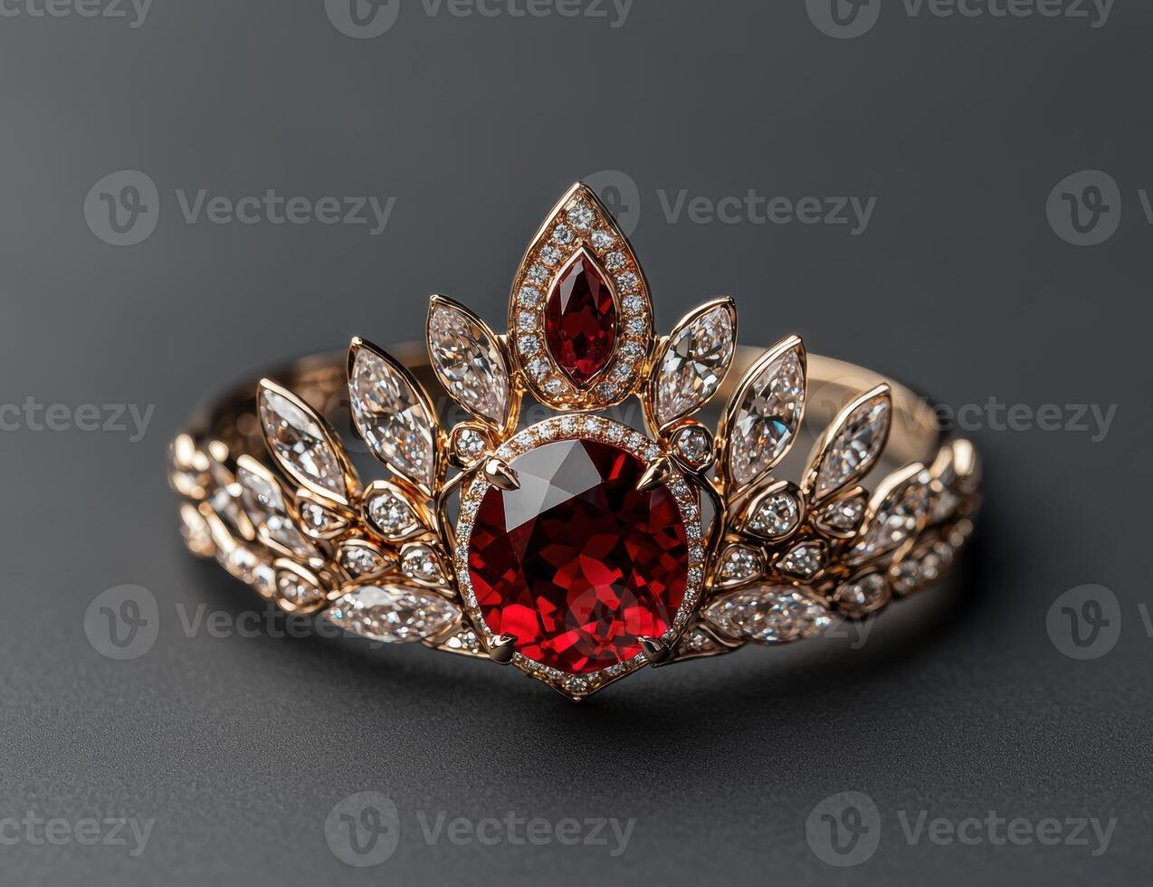 Elegant ruby and diamond crown shaped ring photo
