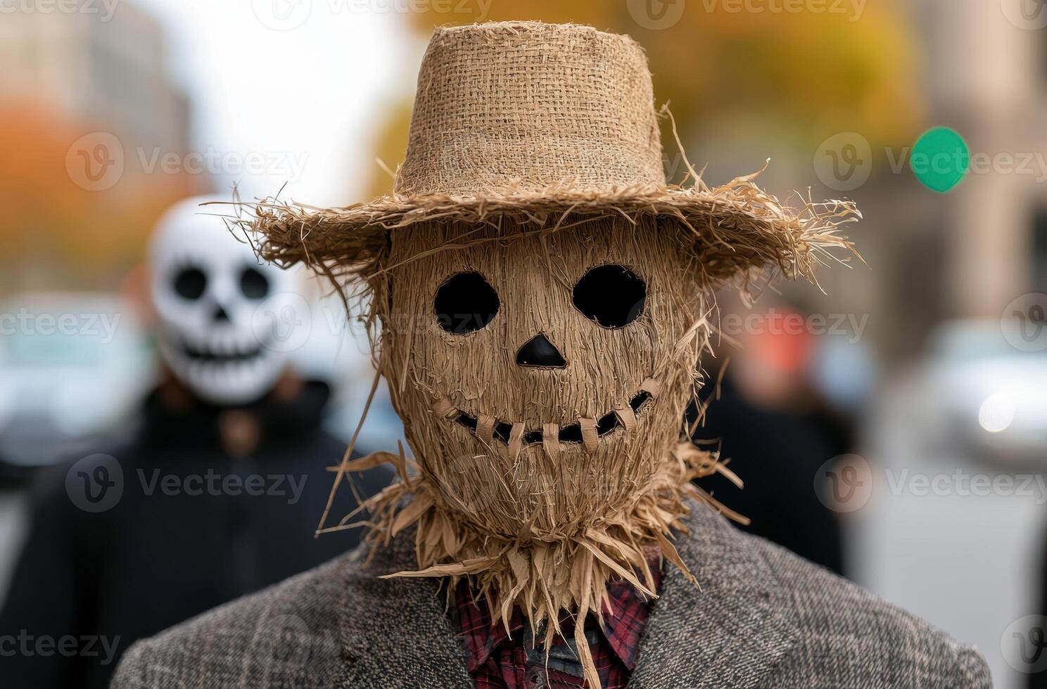 Spooky scarecrow figure with jack o lantern face photo