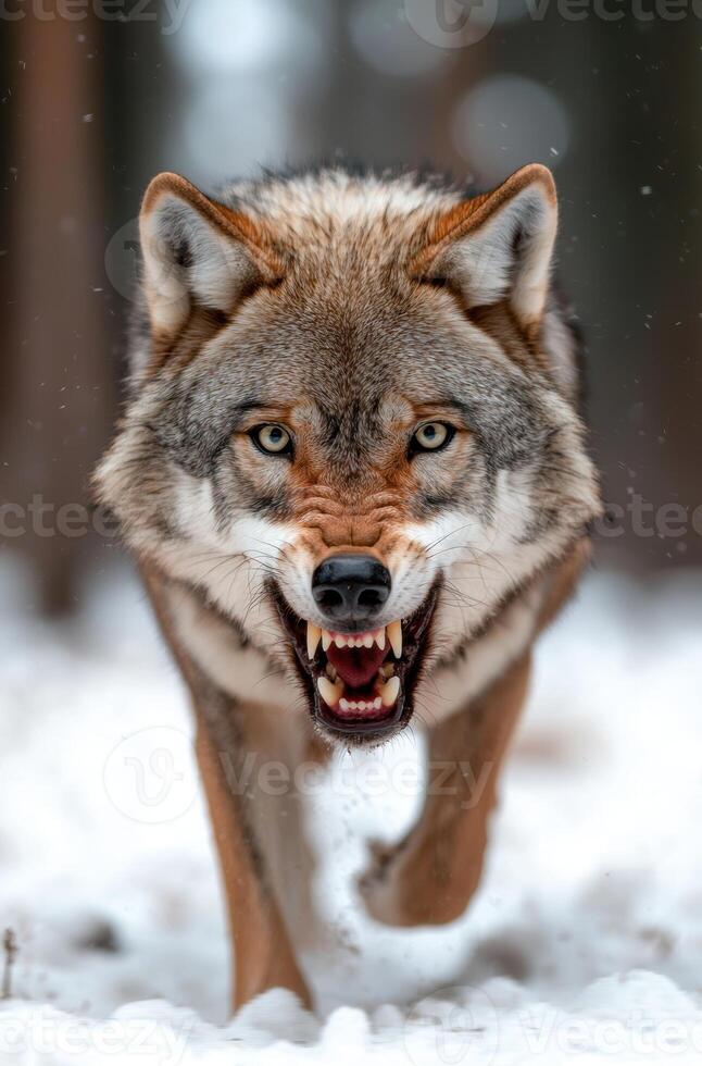 Fierce grey wolf baring teeth in snowy forest photo