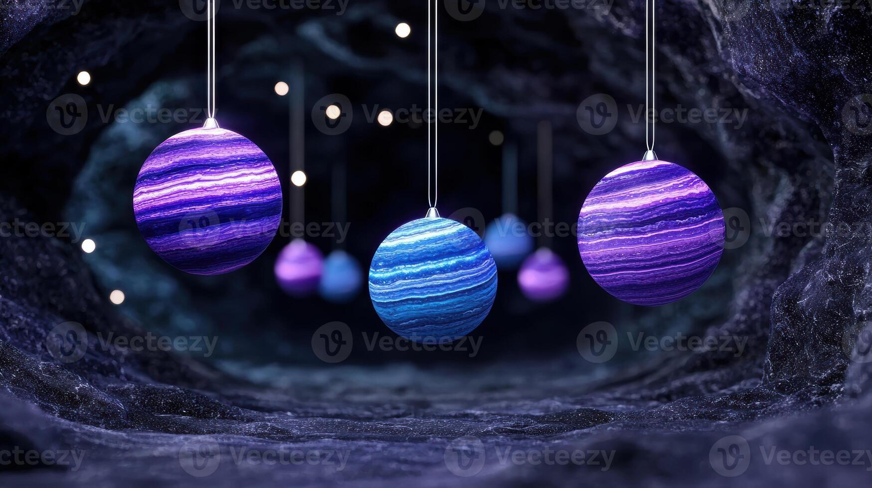 Colorful Christmas ornaments hanging in dark space photo