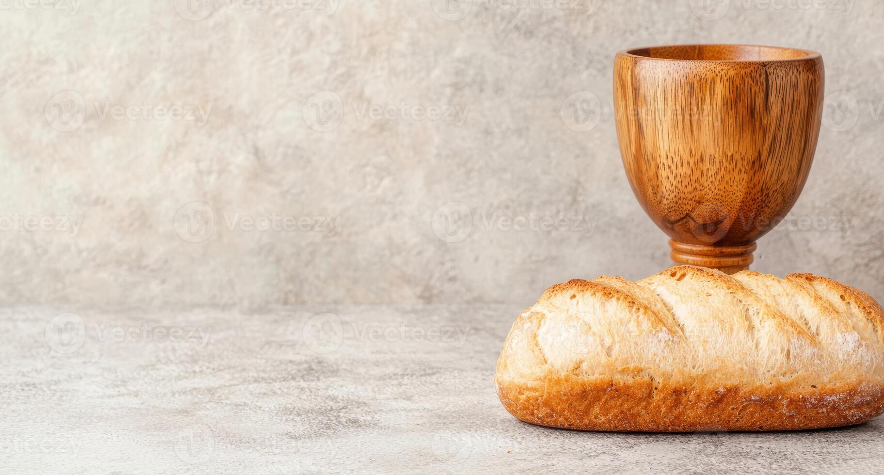 wooden cup and bread on concrete background photo
