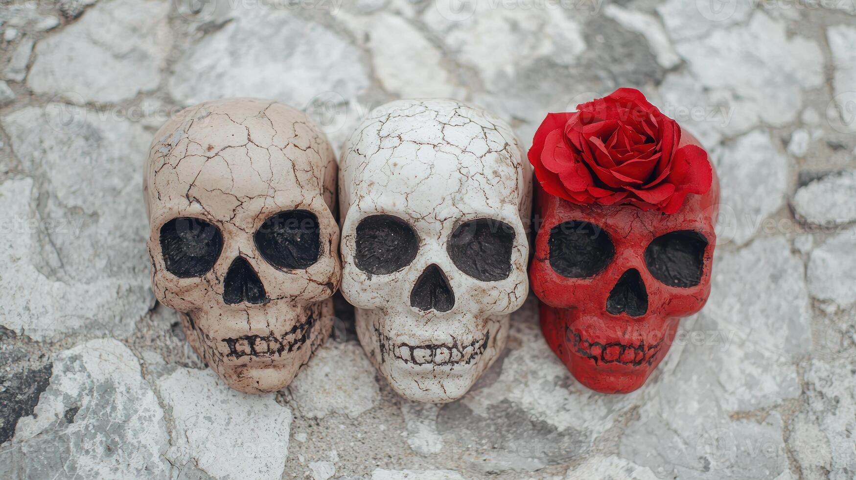 Decorative skulls and red rose photo