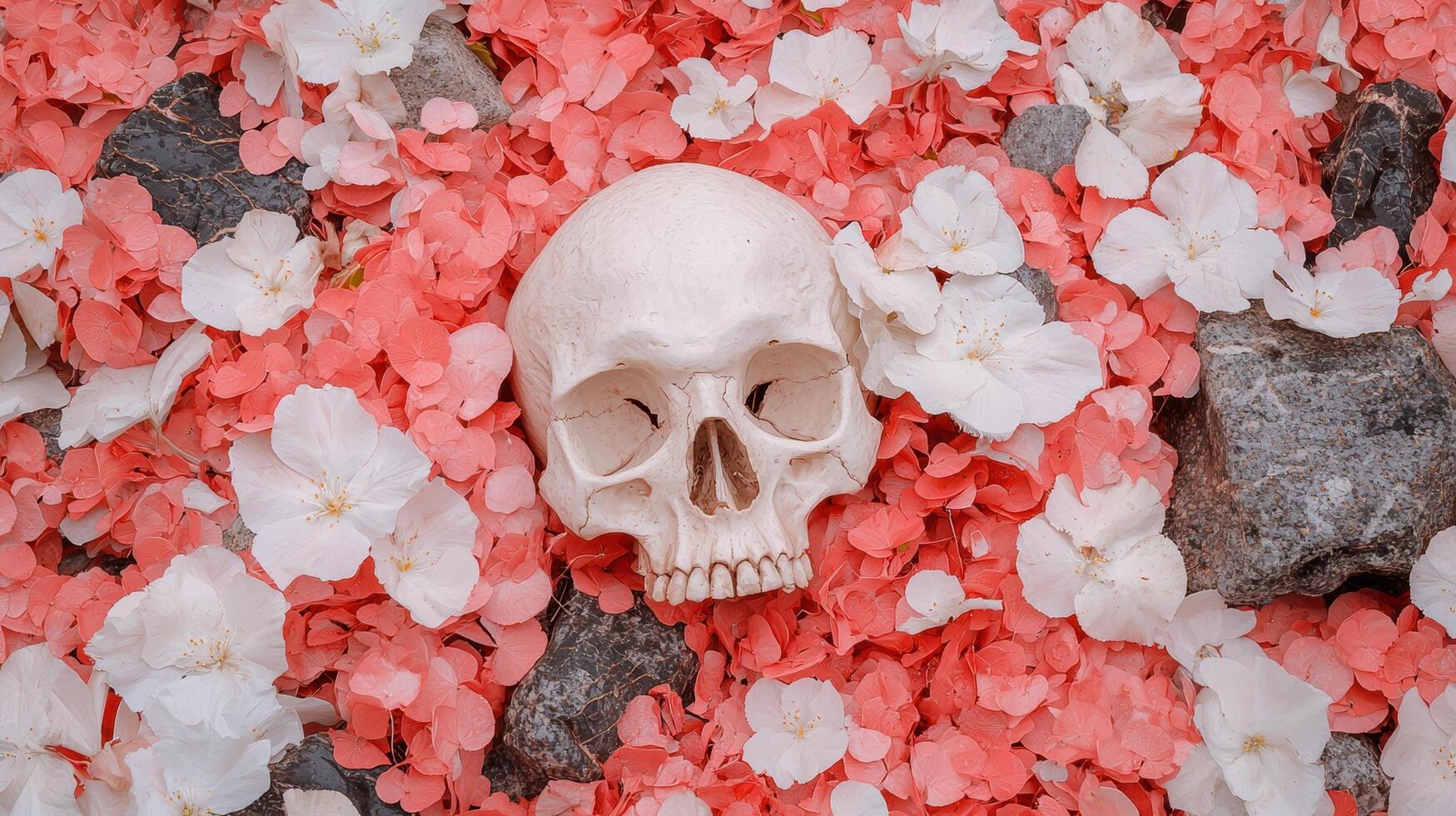 skull among pink flowers photo