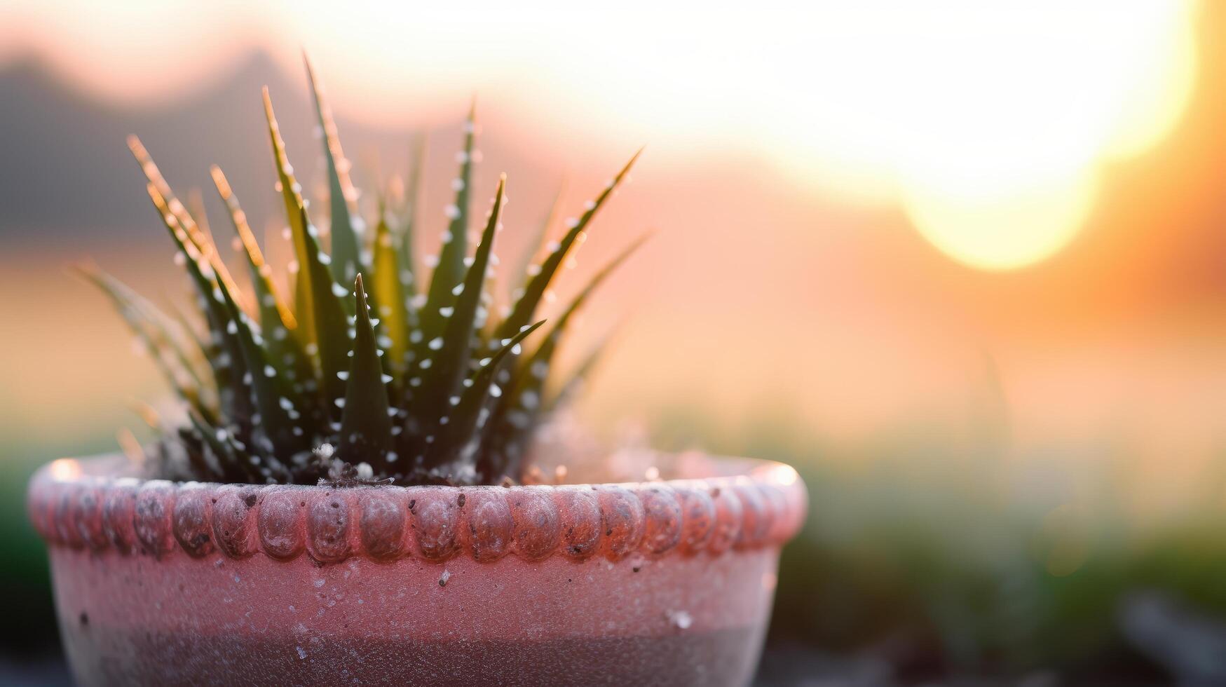 succulent plant in terracotta pot at sunset photo
