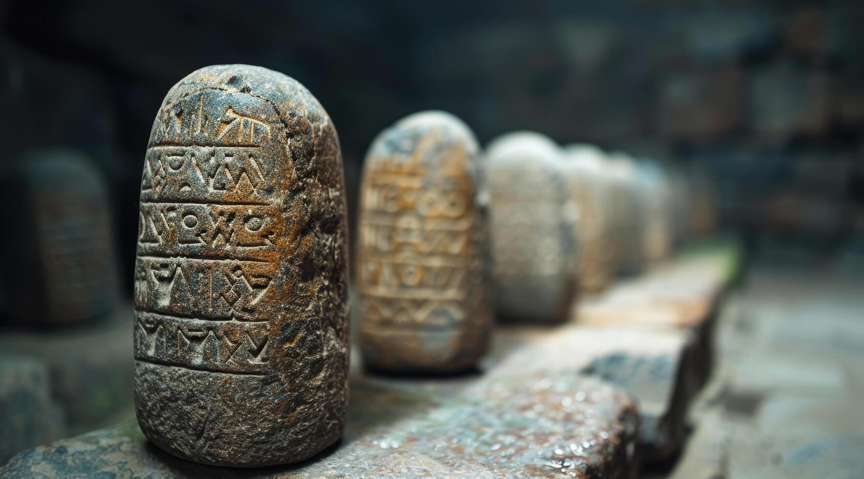 ancient carved stone artifacts with mysterious symbols photo