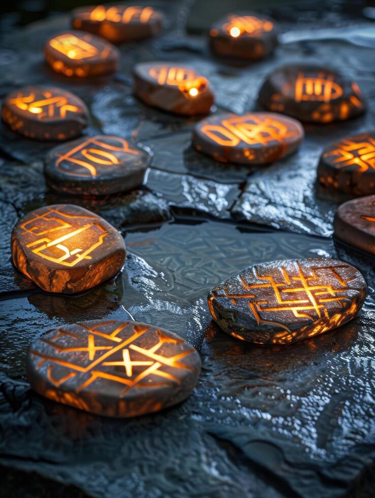 Mystical runes carved on stones photo