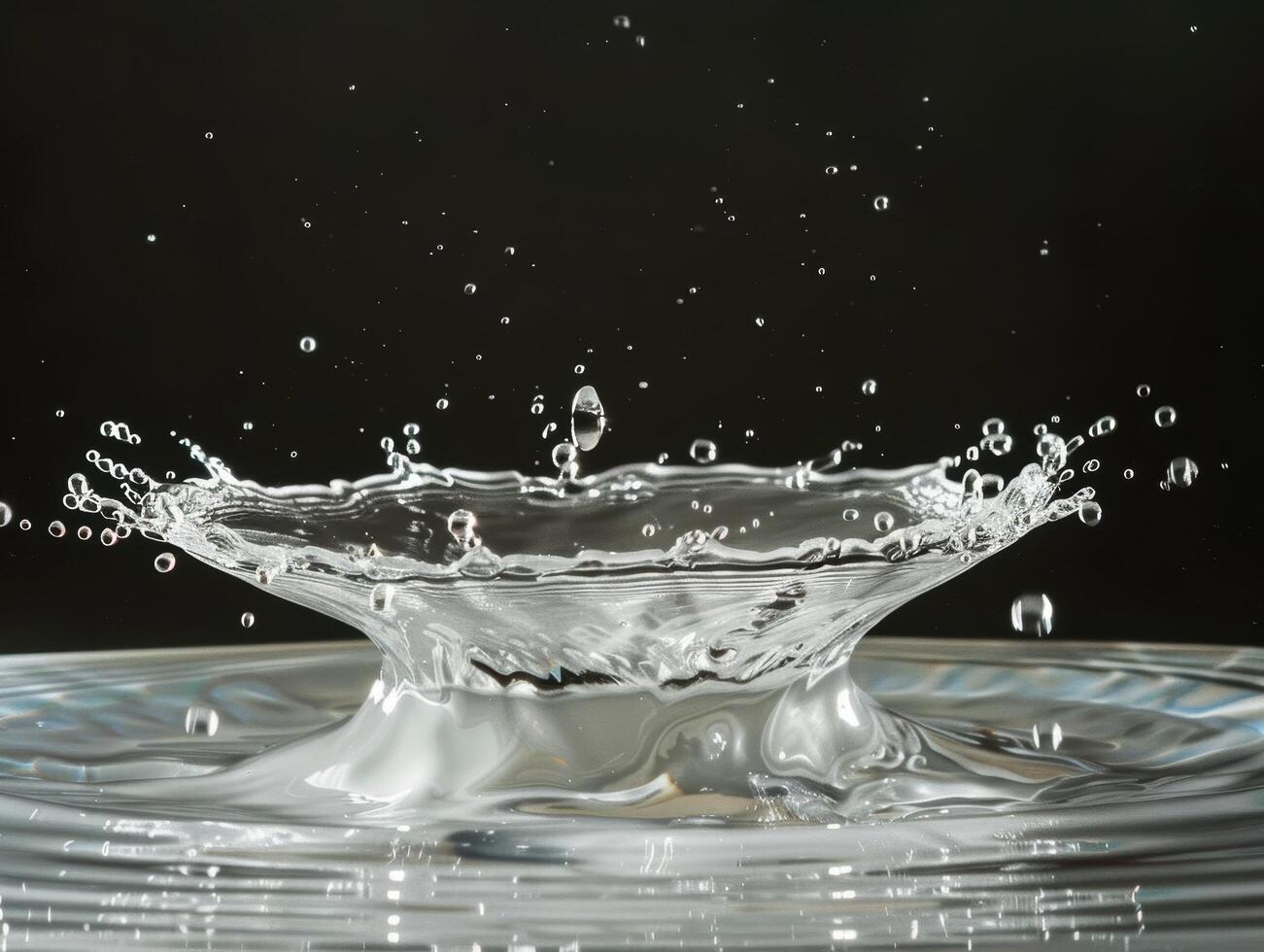 Splashing water droplets in black and white photo