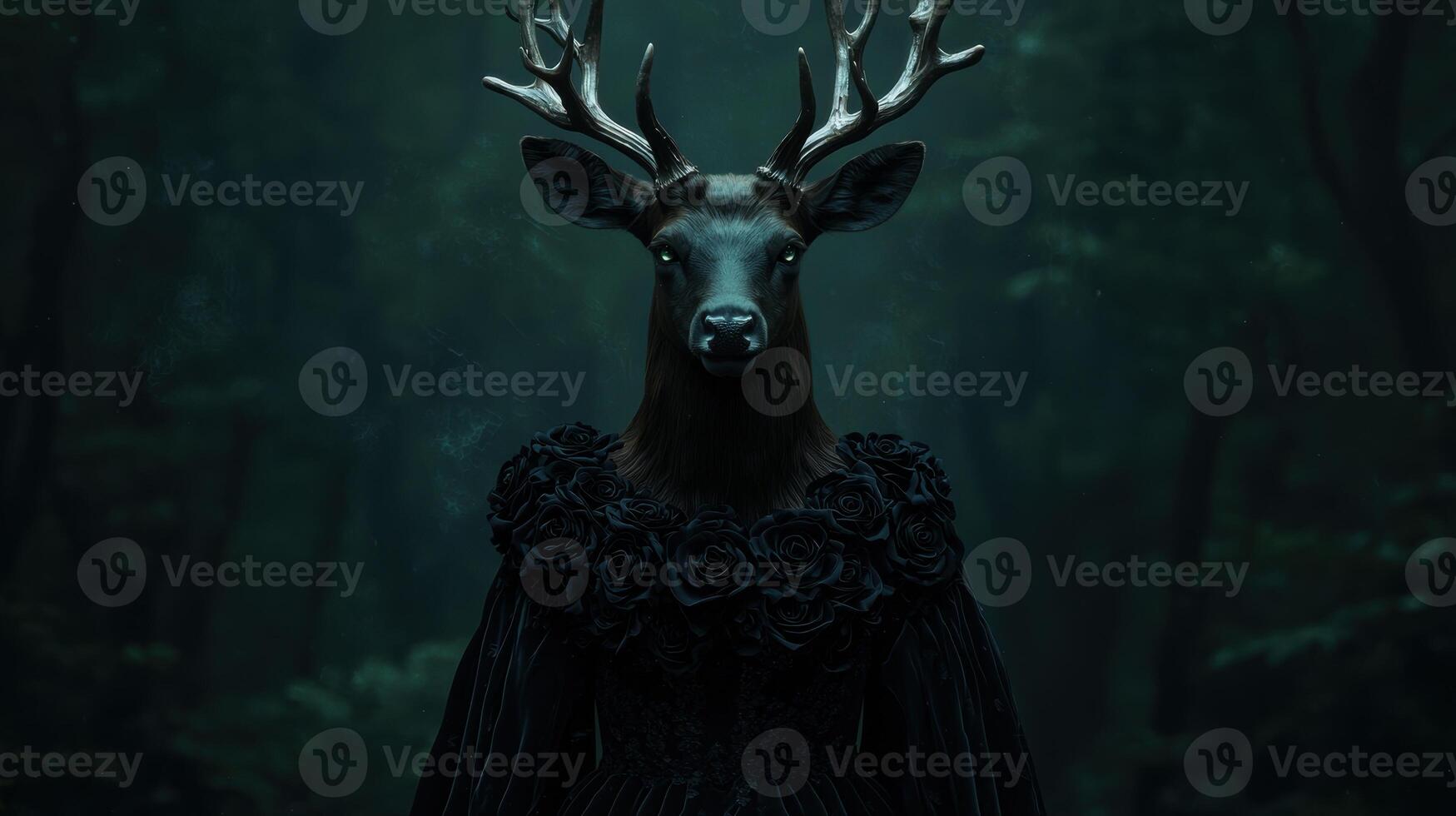 dark deer with antlers and black roses photo