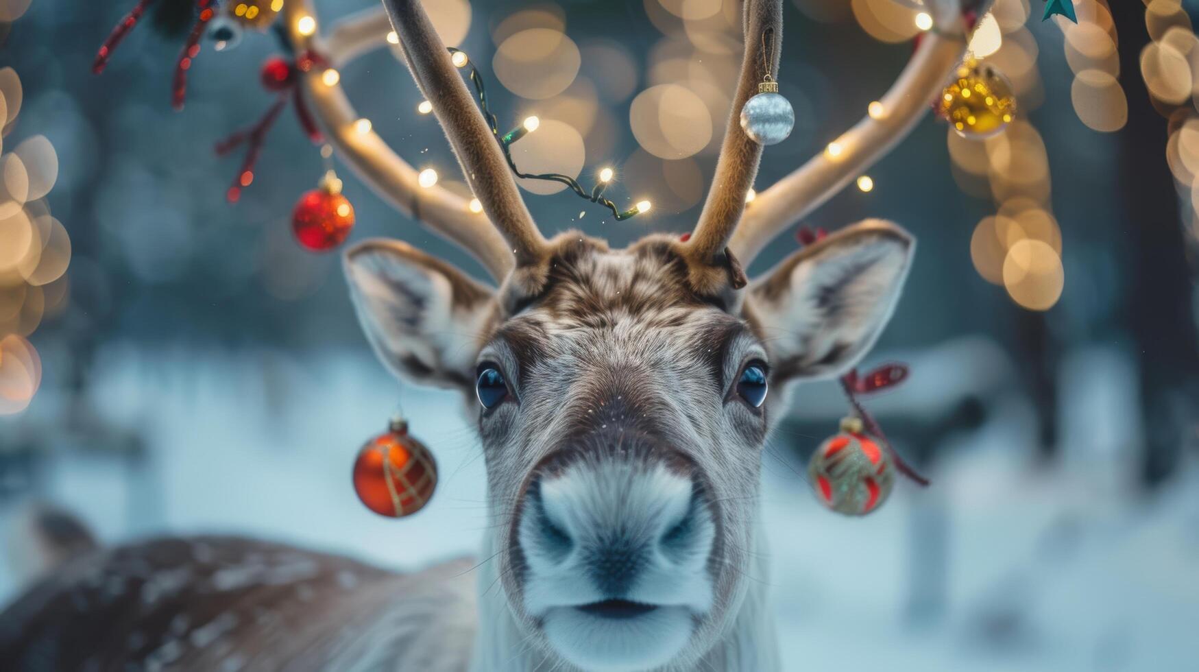 close up of a reindeer with christmas ornaments photo